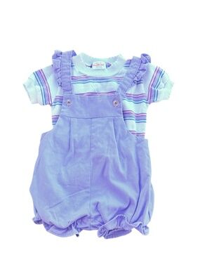 VTG Health-tex Baby Girl Overalls Set 24M | Purple Shortalls & Striped Shirt USA